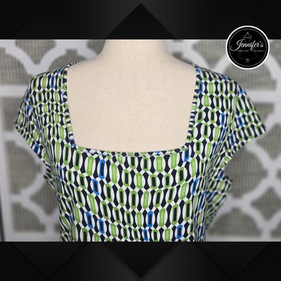 3/$25 Charter Club Petite Black Green White Geometric Square Neck Top Size PM - Picture 4 of 11
